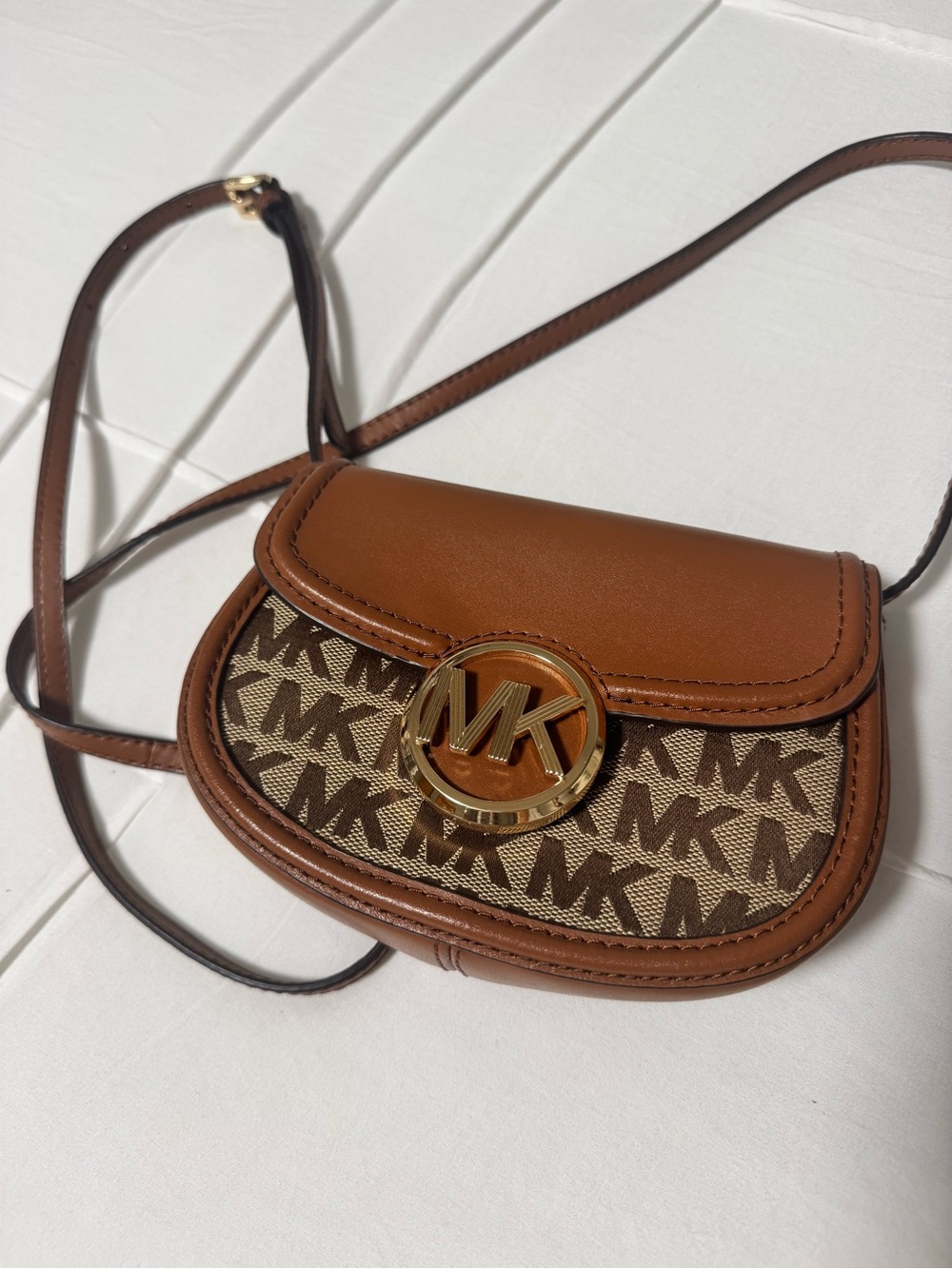 Michael Kors Tan Brown MK Logo Crossbody Saddle Bag